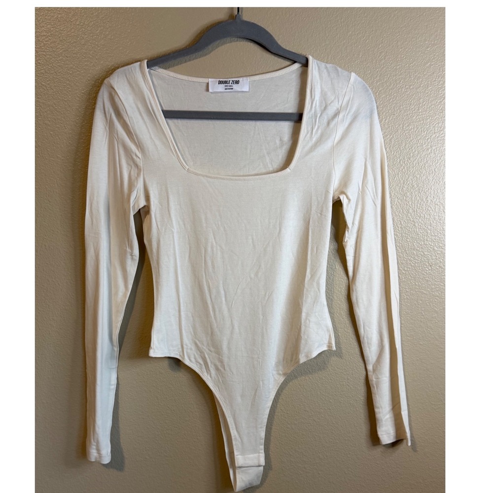 Double Zero Womens Cream Square Neck Long Sleeve Thong Bodysuit Spicy Small